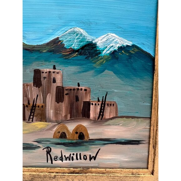 Framed Southwestern Village w/ Mountains Painting Signed Redwillow 10" x 8" - Picture 3 of 4